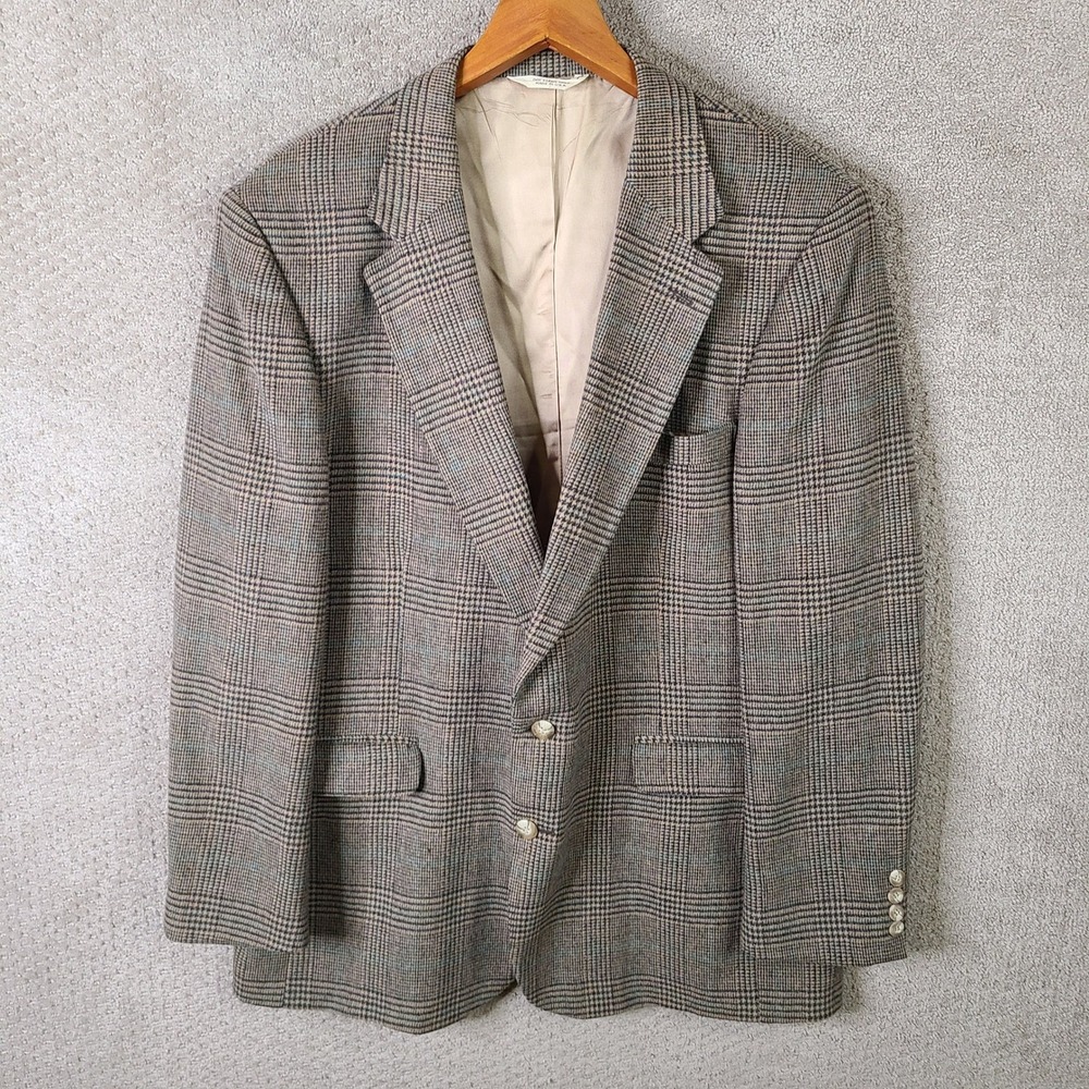 Vintage Andhurst Jacket Mens 48L Brown Blue Glen Plaid Tweed Blazer‎ Coat USA